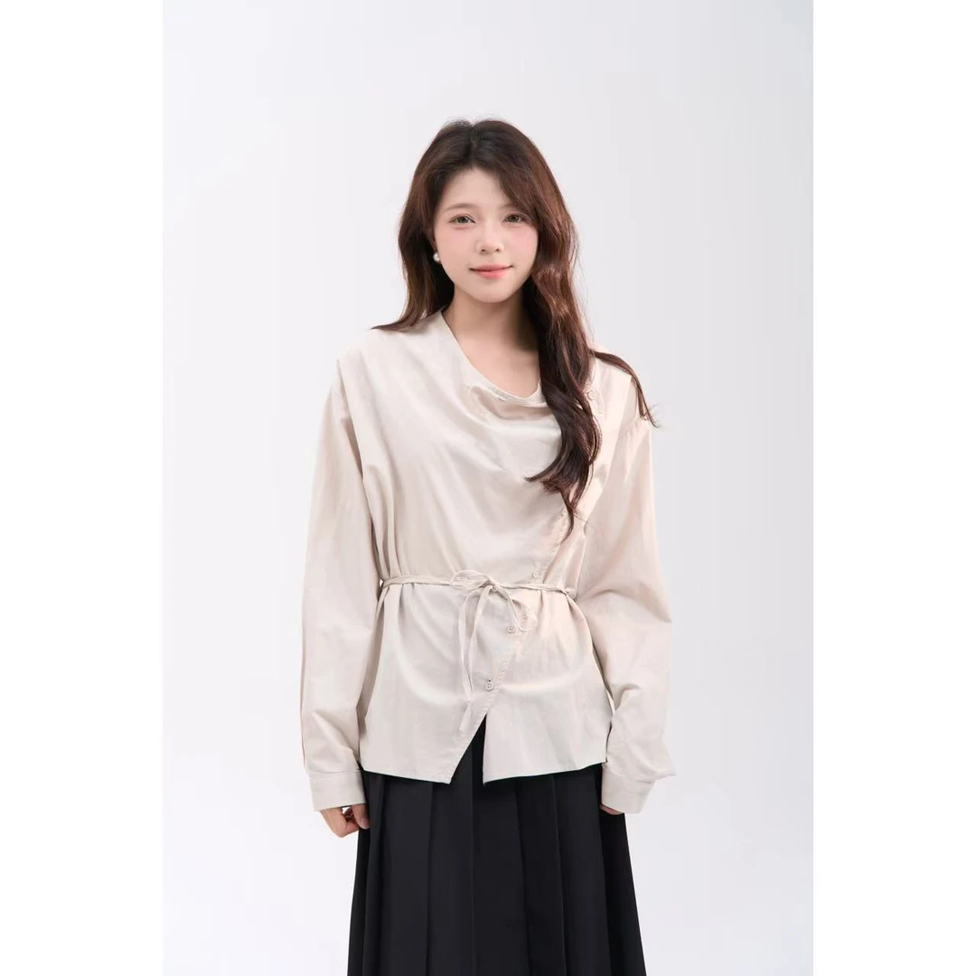 （清货）设计感斜扣荡领长袖衬衫女早秋宽松上衣1013