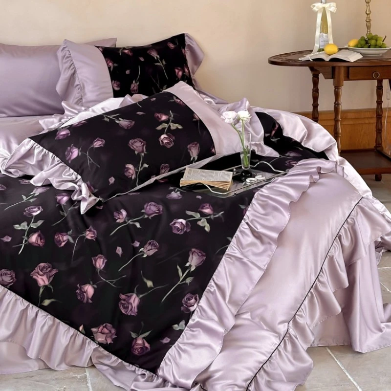 法式轻奢复古玫瑰印花全棉长绒棉四件套纯棉贡缎浪漫少女床上用品
