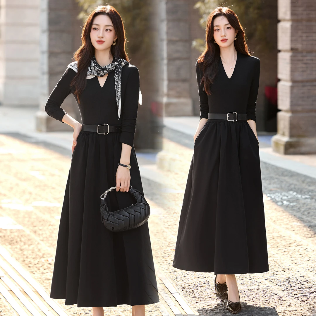 赫本风气质v领长袖连衣裙女2025春秋新款千金清冷感收腰修身长裙