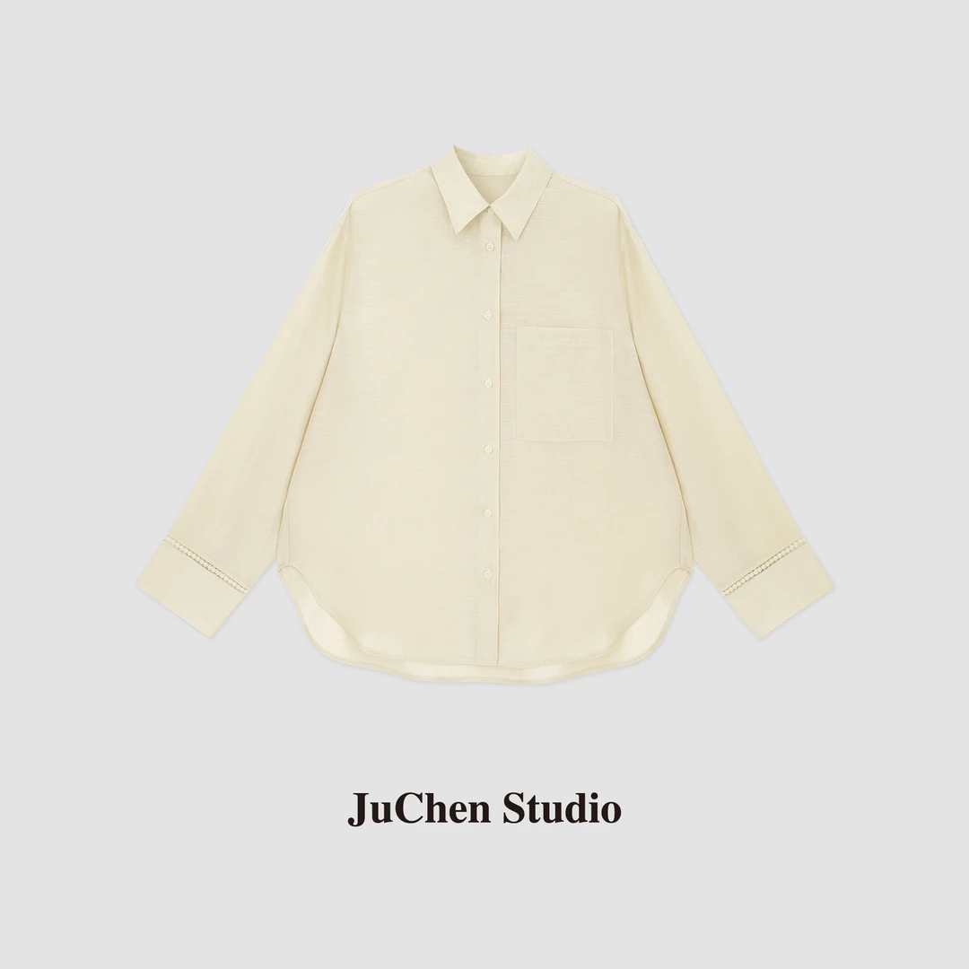 镂空蕾丝花边刺绣醋酸亚麻夏威夷风度假防晒长袖衬衫SS123437