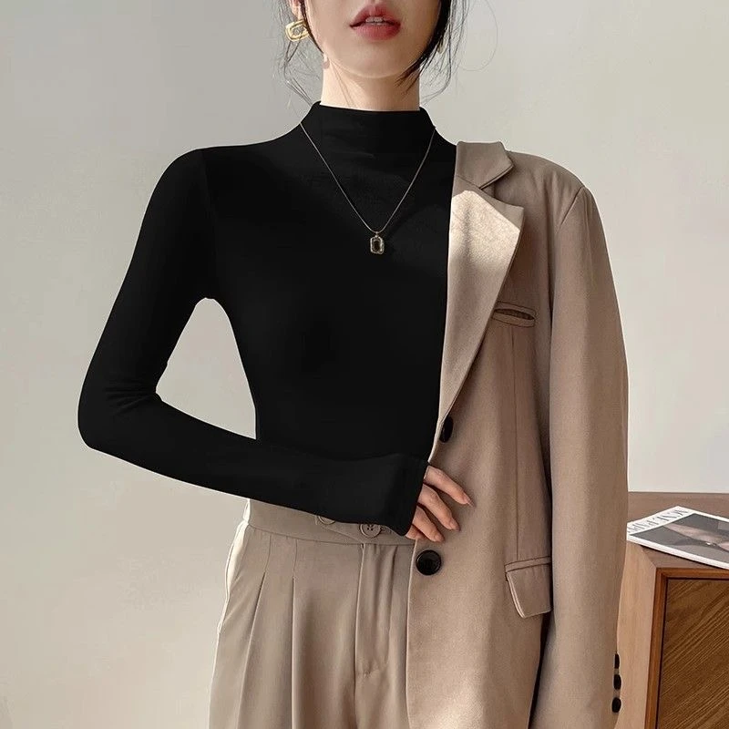 小立领打底衫长袖T恤安可拉红螺纹弹力半高修身妈妈内搭外穿上衣