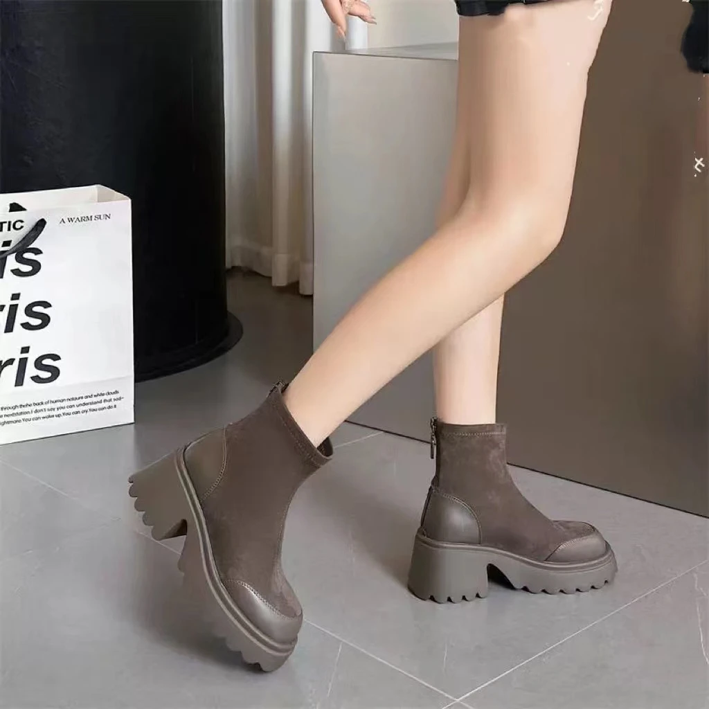 一L秋冬新款韩版通勤瘦瘦简约粗跟裸靴短靴99-266(不加绒)