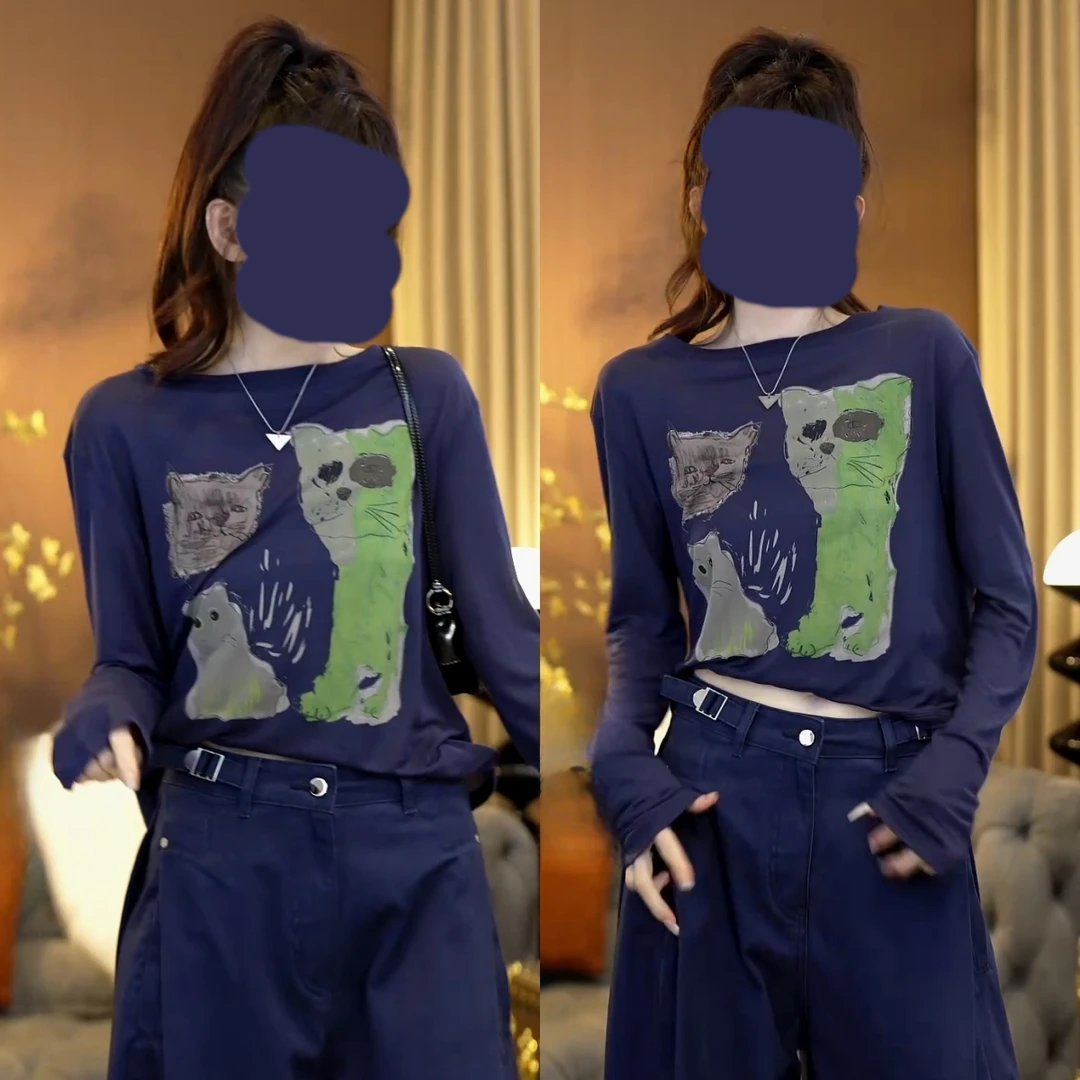 『防晒猫咪』夏季卡通小猫薄款防晒打底衫印花长袖T恤上圆领