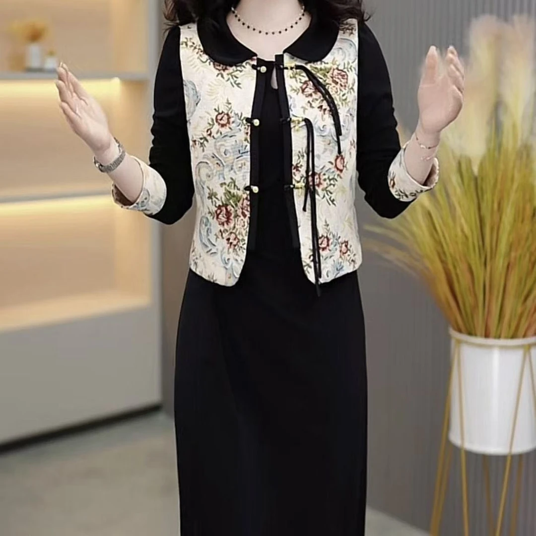 春季套装女2025年新款气质高级感新中式国风盘扣马甲连衣裙两件套