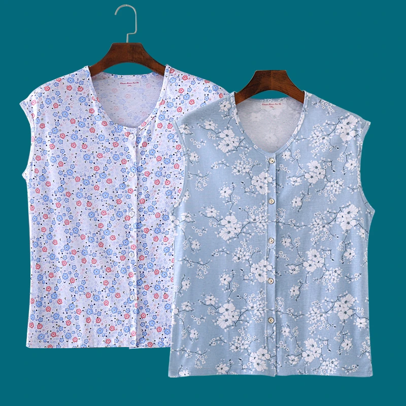 女纯棉宽肩汗衫薄款背心开衫纯棉无袖系扣睡衣中老年对襟空调衫