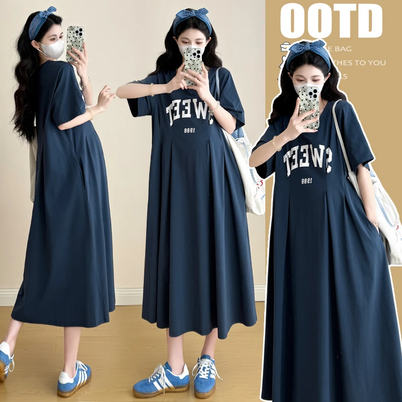时髦孕妇装新款2025夏装孕妇新款大码短袖时尚长款休闲宽松连衣裙