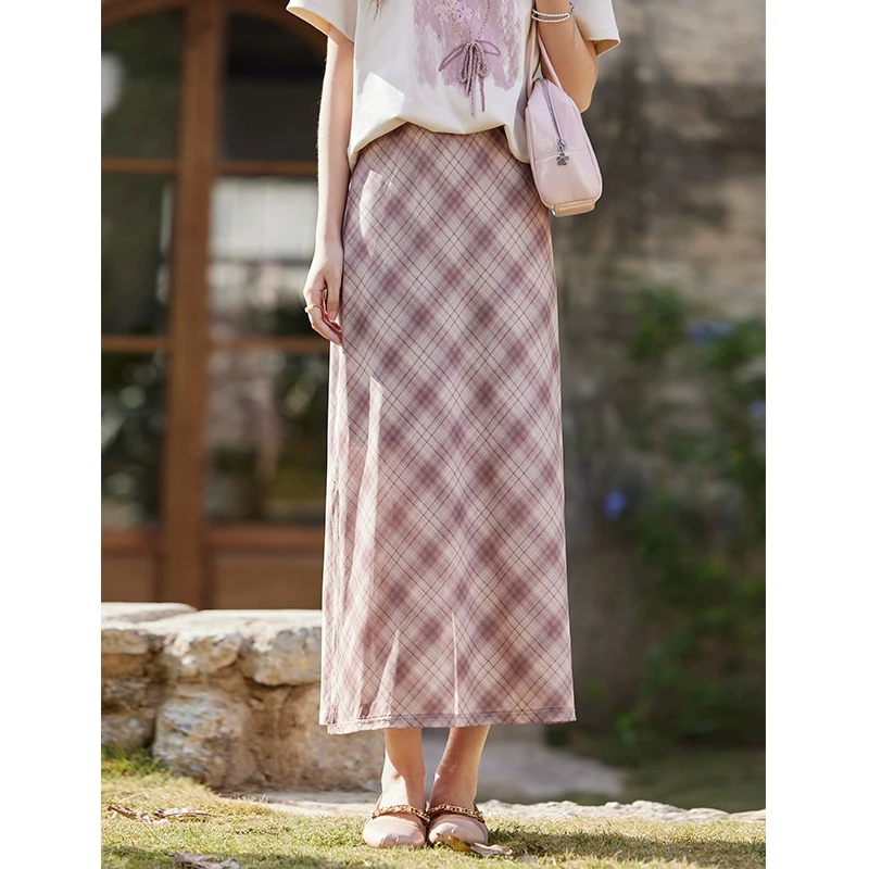 谜秀时尚格纹半身裙2025春季高腰减龄直筒粉色好看a字裙文艺气质