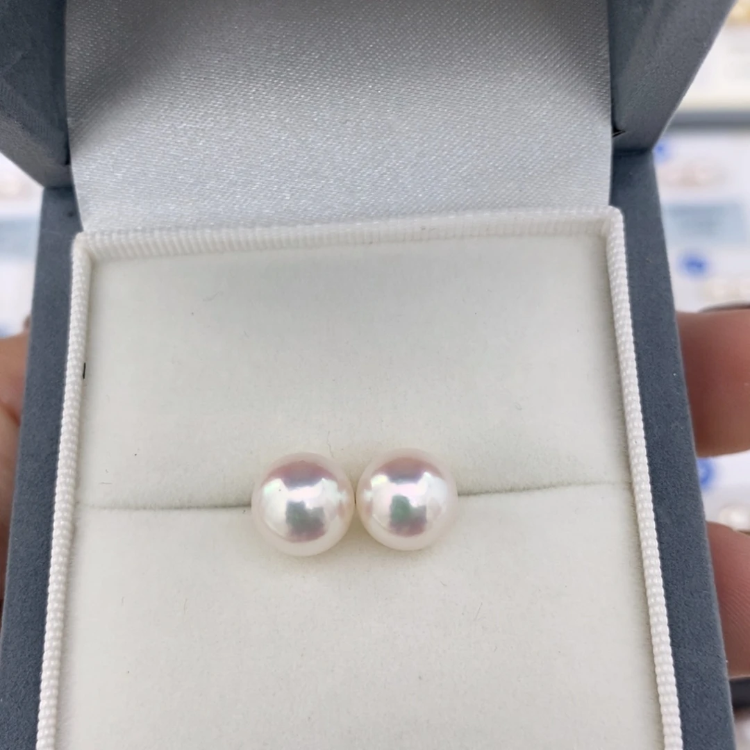 银S925镶嵌特选极光akoya耳钉成品海水珍珠