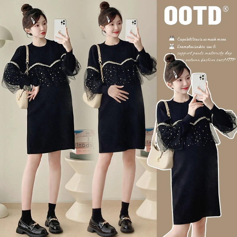 新款长袖春装圆领孕妇装时尚气质减龄甜美拼接蕾丝孕妇连衣裙