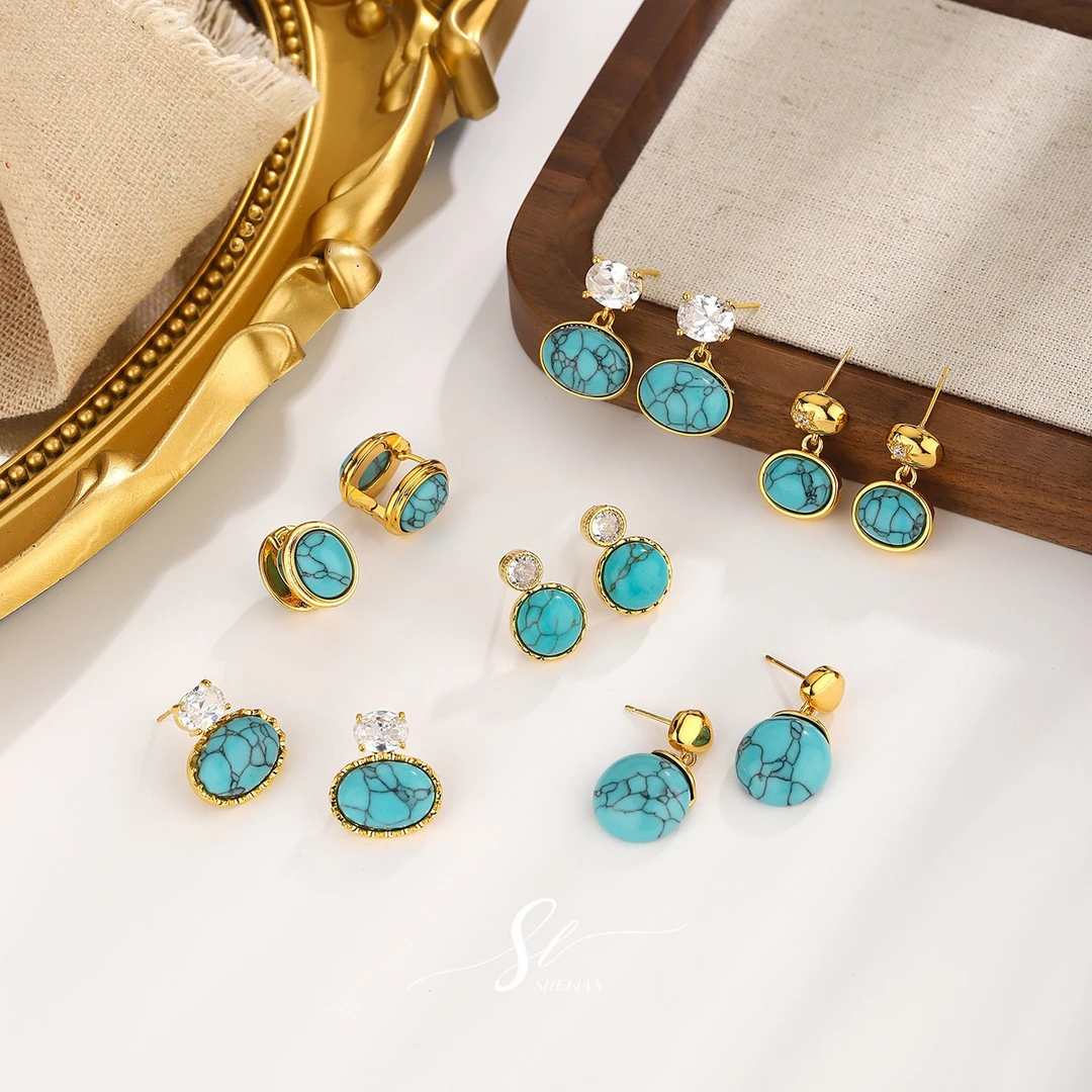 合金耳饰 镀14k金中古圆形绿石头耳环复古轻奢耳钉时尚简约百搭潮