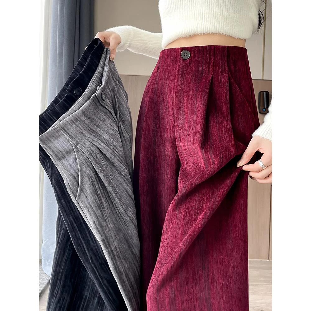 樱鲜安可拉红条绒阔腿裤女秋冬2025新款高腰显瘦宽松直筒休闲西装
