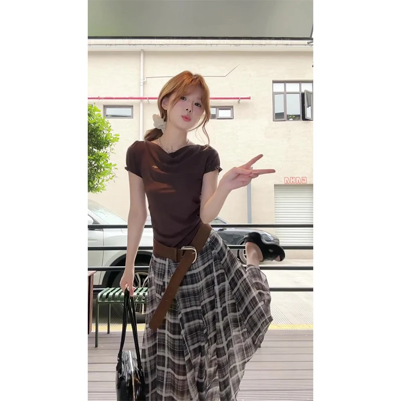 2025新款女夏季甜辣风复古显瘦泡泡袖短款T恤上衣格子长款半身裙