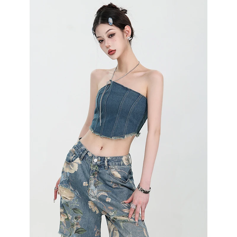 ABWEAR 2024夏季新款美式辣妹挂脖牛仔抹胸上衣女设计感短款背心