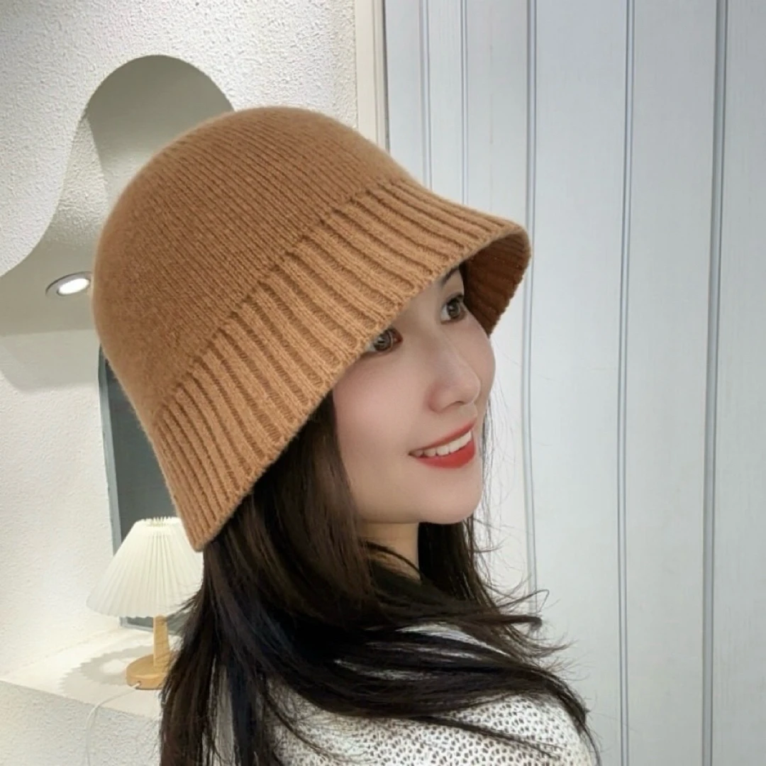 简约纯色柔软羊毛针织渔夫帽子女秋冬时尚百搭保暖盆帽显脸小