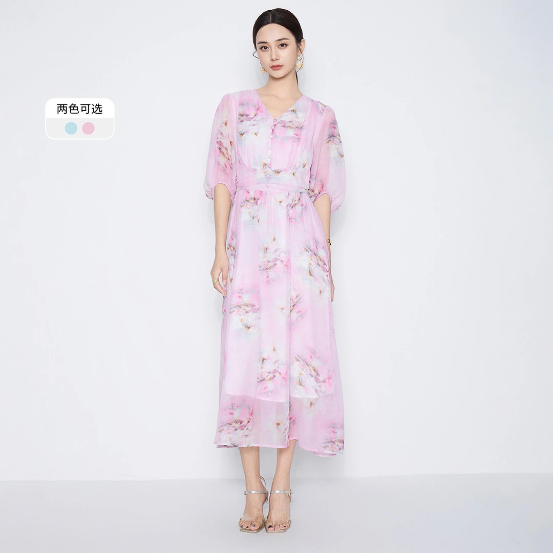 【粉丝专属】印花设计V领中长款洋气女式裙子VHSE20DRX0