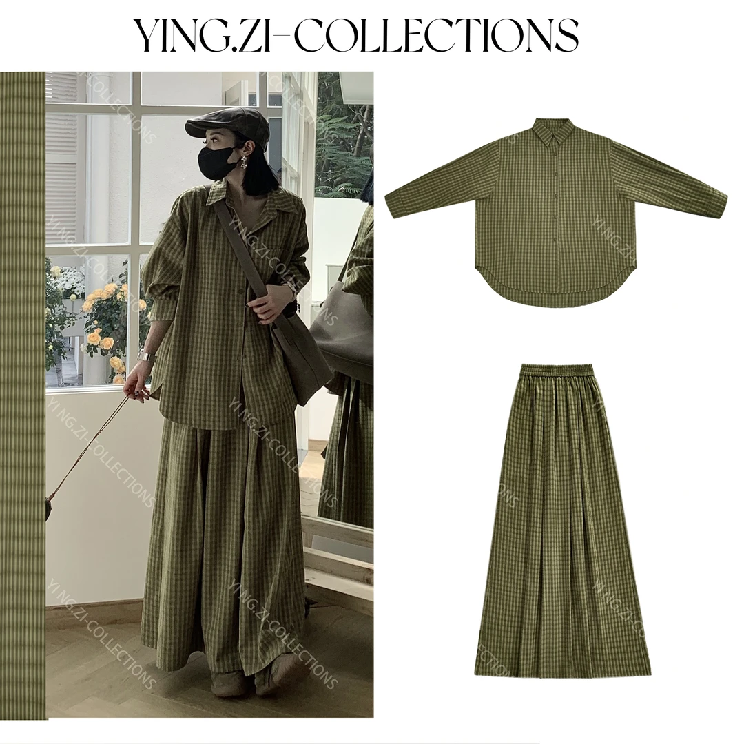 Ying-Zi【听风格】格子套装裙长袖休闲衬衫气质