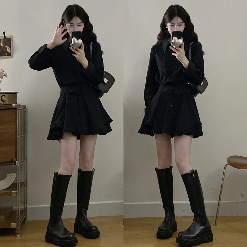 大码胖mm新款假两件黑色衬衫裙高级感千金风荷叶边连衣裙女