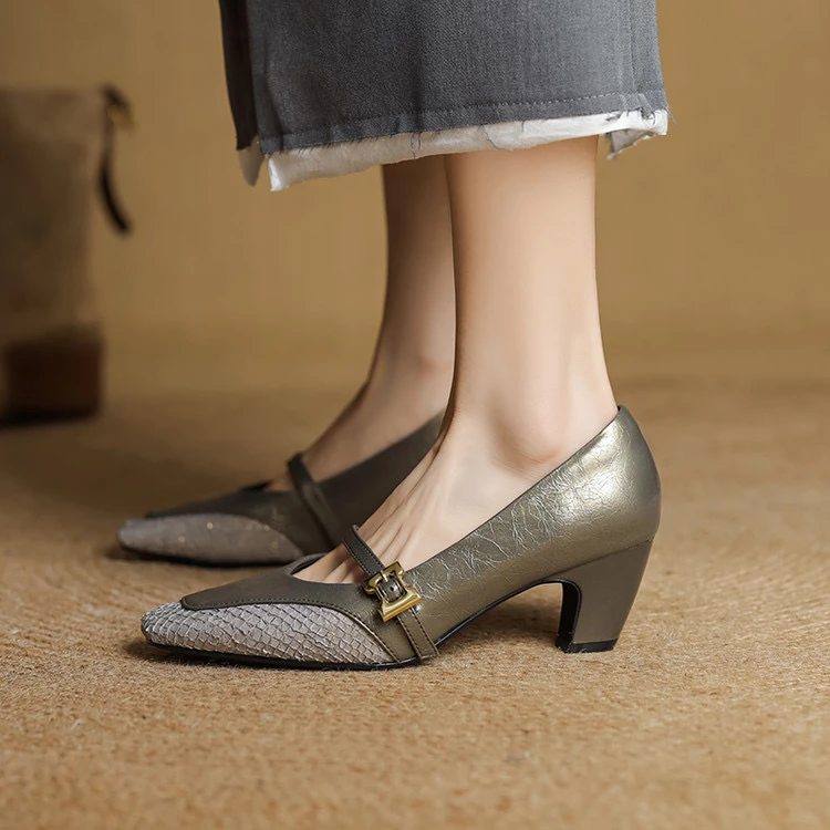 里外纯皮～牛皮5.5cm方头中跟百搭玛丽珍气质舒适百搭浅口单鞋新款