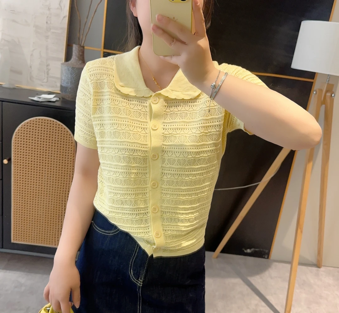【欧加粒粒】2025夏季新款法式时尚翻领镂空针织短袖开衫 M25032856