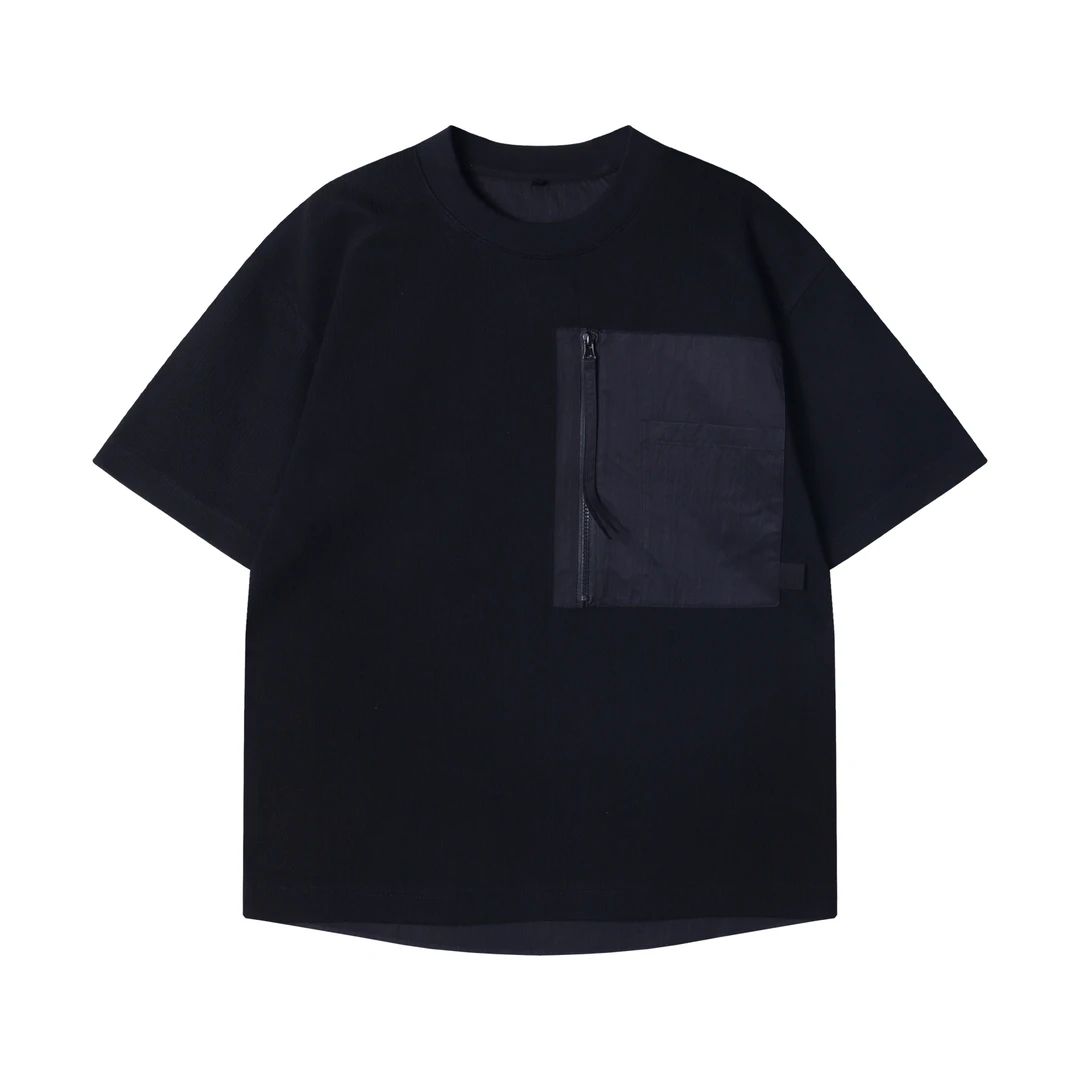 夏季高级感新款胸口拉链装饰口袋重磅圆领潮流时尚圆领休闲短袖