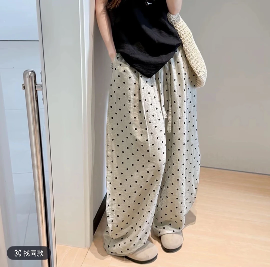 现货亚麻~波点印花松紧腰薄款棉麻休闲裤女夏季松弛感阔腿弯刀裤