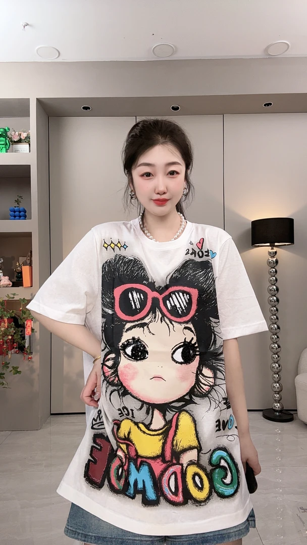 冰感雪花棉夏季薄款大版休闲潮流正肩显瘦T恤宽松中长丸子头女孩