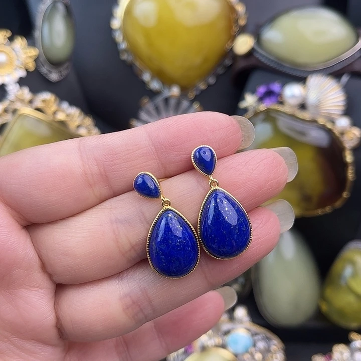 青金石银S925镶嵌耳饰