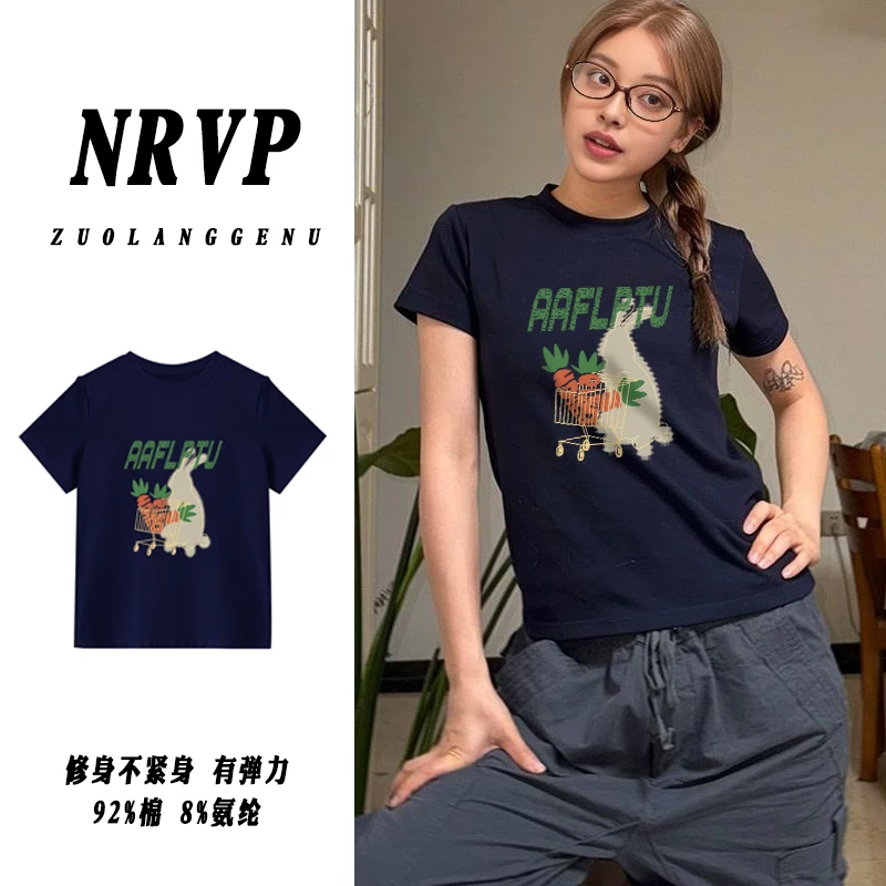 品质趣味修身设计感圆领上衣棉高弹力夏季百搭正肩显瘦短袖t恤女