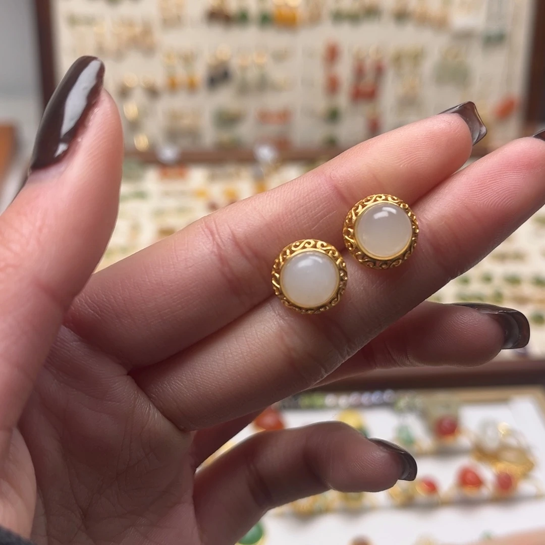 和田玉银S925镀金镶嵌耳坠