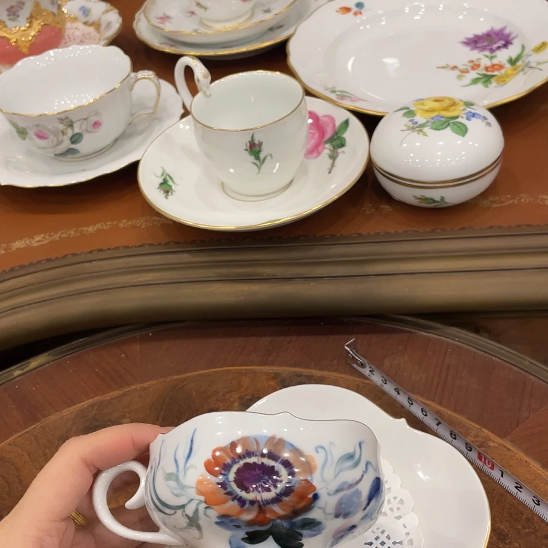 瓷片中古一等水墨彩菊红茶杯