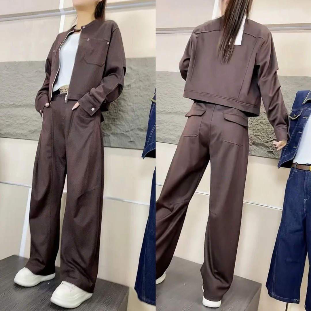 2025春秋搭配一整套新款显瘦咖色立领外套马甲休闲筒裤两件套套装