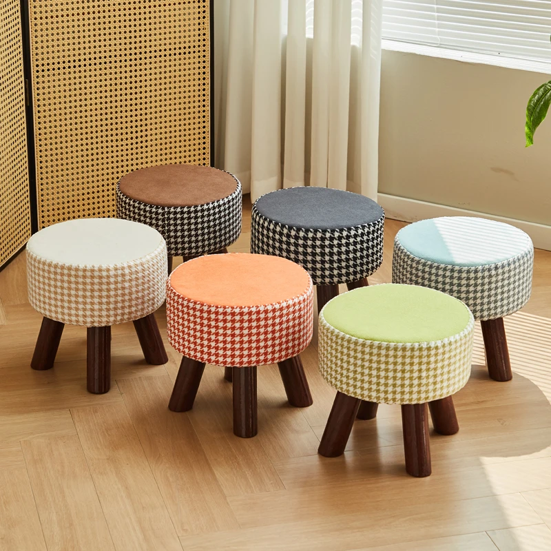 凳子实木家用客厅可爱布艺时尚换鞋矮凳圆凳沙发创意小椅子板凳