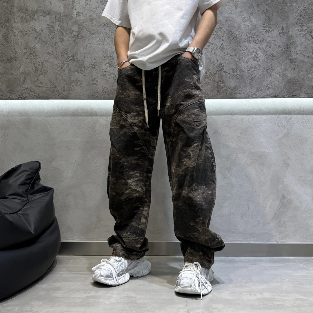 秋冬新款男士直筒拼接迷彩休闲裤美式休闲水洗高街宽松百搭长裤