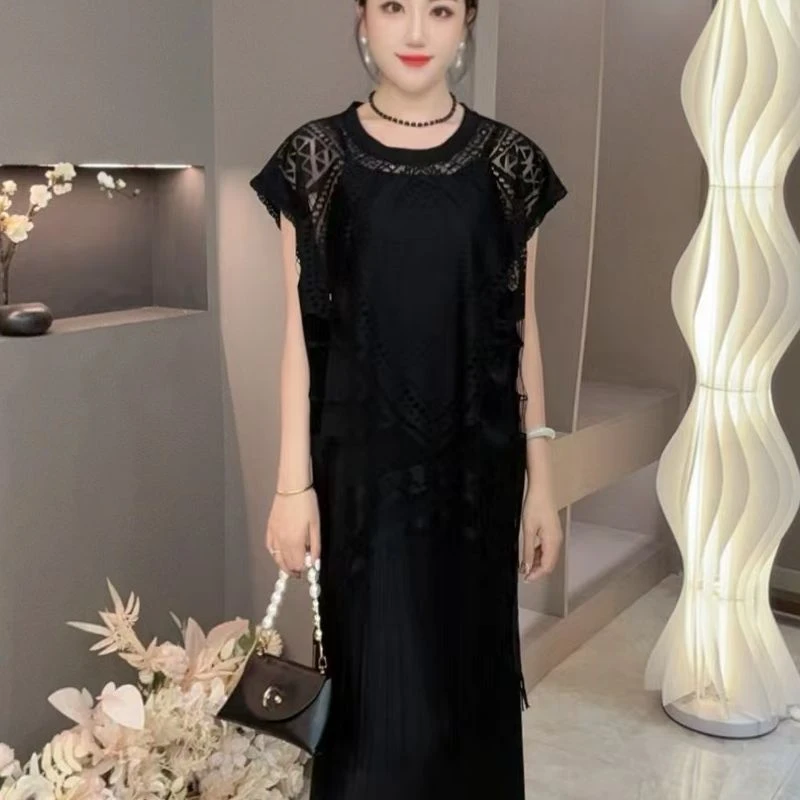 6695定制夏季网纱蕾丝拼接大码显瘦两件套装吊带裙+蕾丝外套