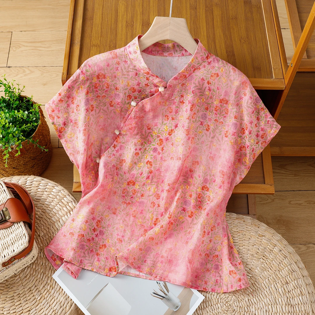 复古斜襟盘扣立领棉麻小衫上衣新中式国风棉麻碎花衬衫女2025夏季