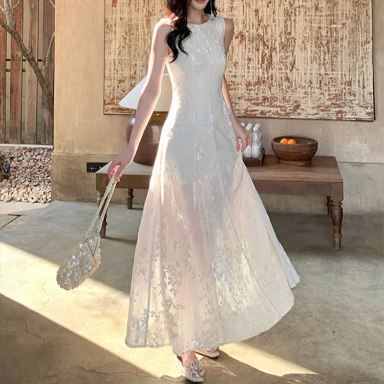 【月光女神】白色薄纱背心连衣裙子女开春度假穿搭掐腰裙