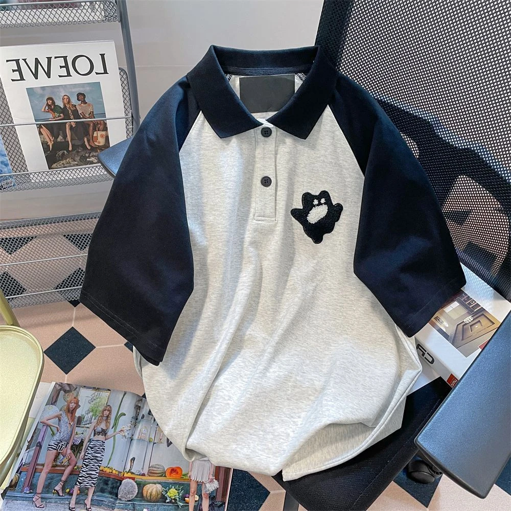 大码300斤韩版撞色插肩卡通刺绣POLO领短袖T恤男女宽松情侣装上衣