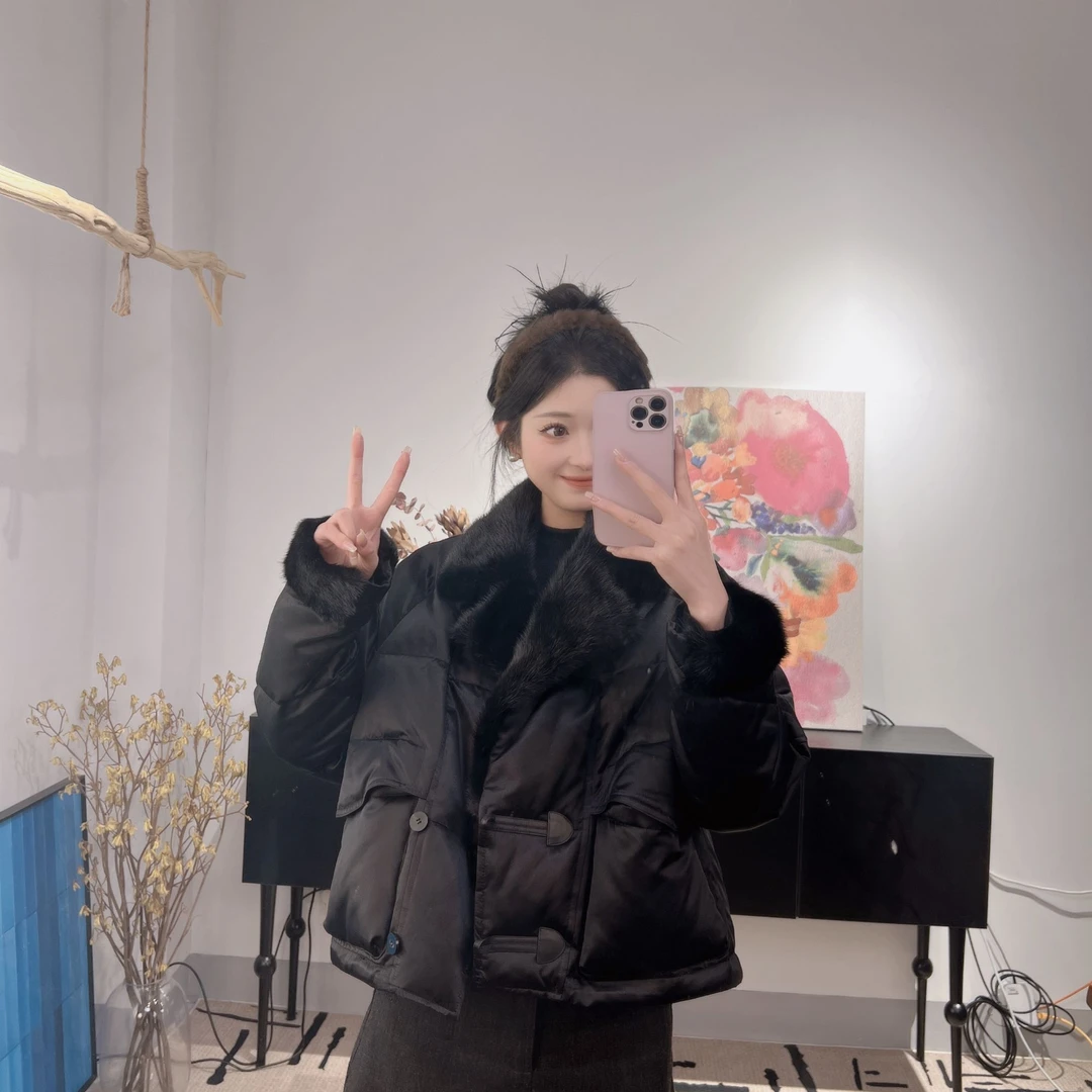 新中式拼接短款冬季外套女服翻领90白鹅绒水貂毛休闲加厚女装270