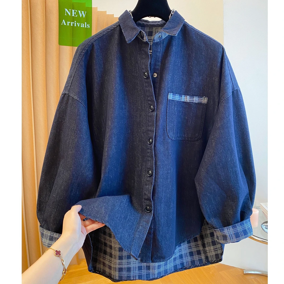 高级感巨好看的翻领牛仔衬衫女2025新款宽松大版休闲百搭薄款上衣