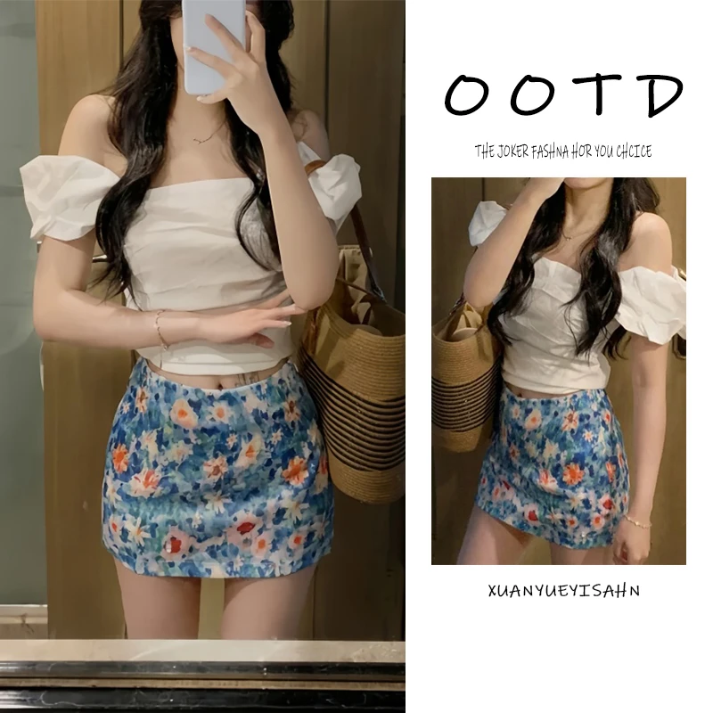 今年流行一整套2025夏季韩系露肩纯欲短款收腰上衣碎花短裙两件套