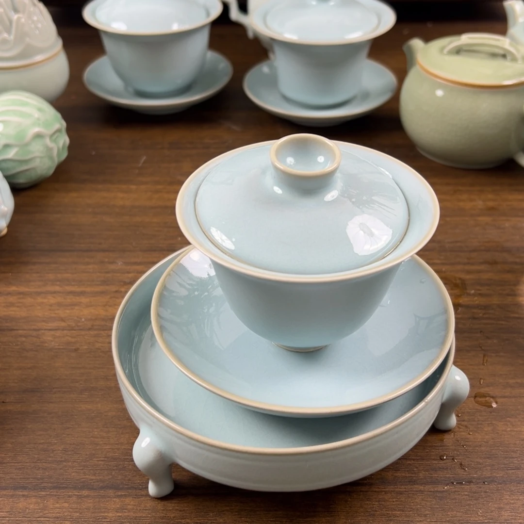 瓷摆件天青釉水元宝盖碗