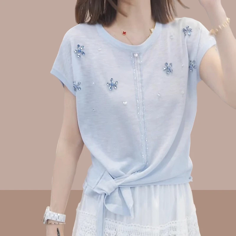 欧货绑带收腰重工烫钻花朵针织衫女2025夏季设计感气质小香风上衣