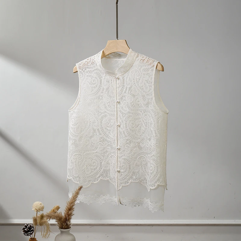 新中式蕾丝花朵刺绣立领盘扣复古薄马甲背心女显瘦马夹