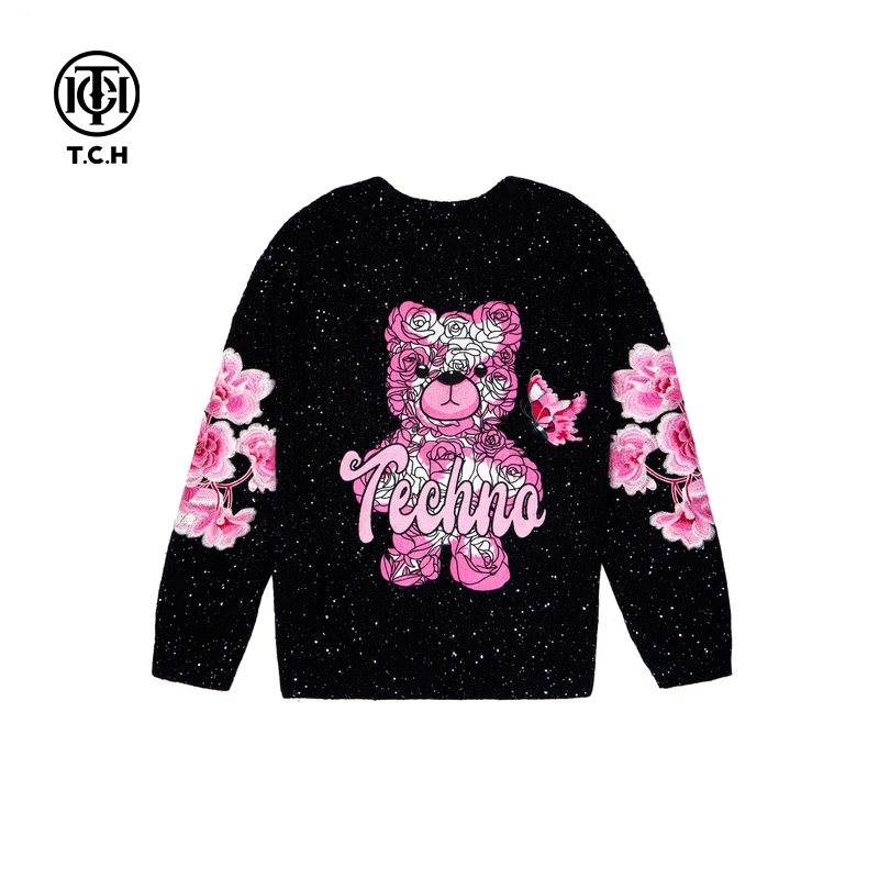 TCH 满天星烫钻花卉小熊时尚百搭休闲圆领毛衣针织衫2025新款