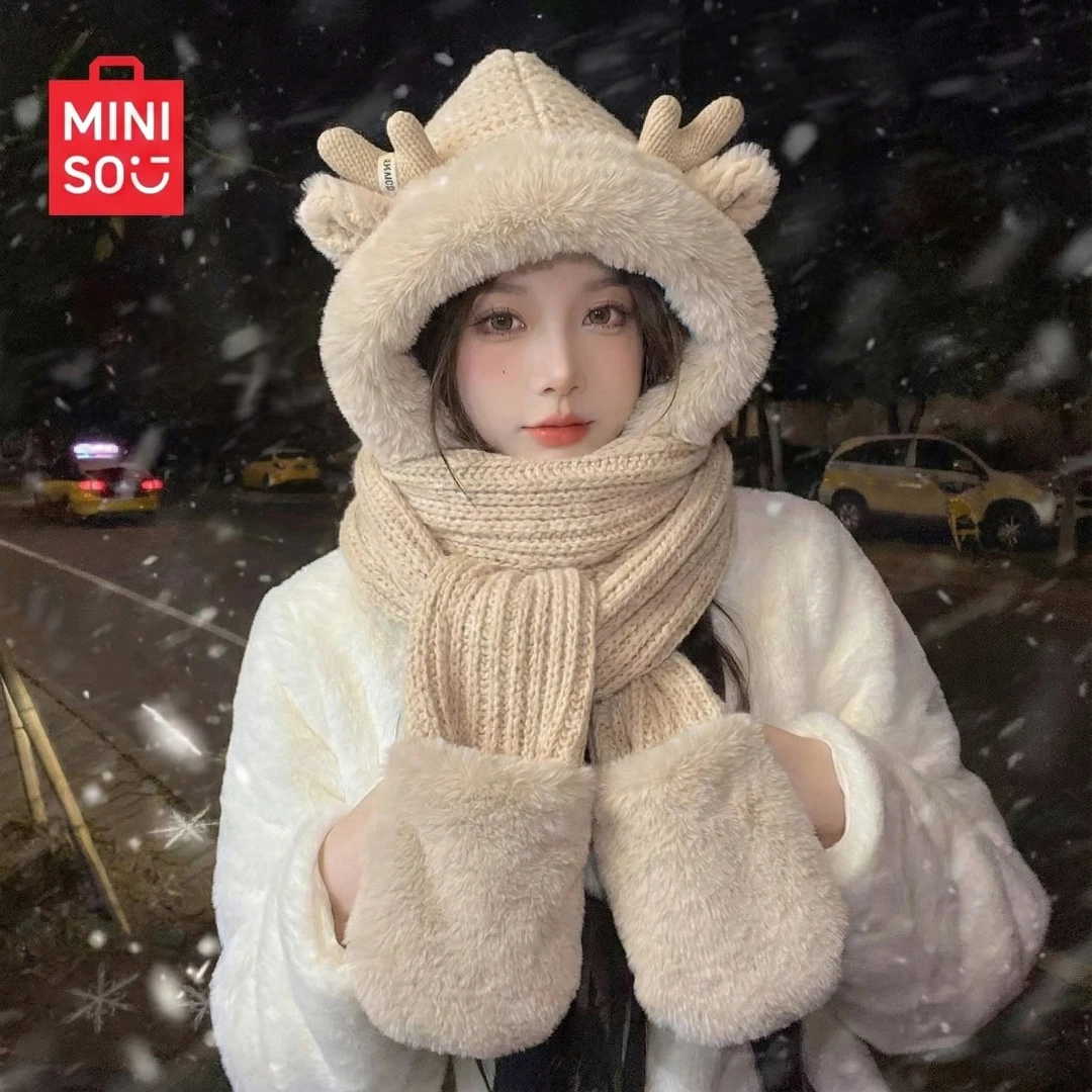 名创优品MINISO帽子秋冬针织冷帽耳朵防冻护三件套围巾帽百搭女
