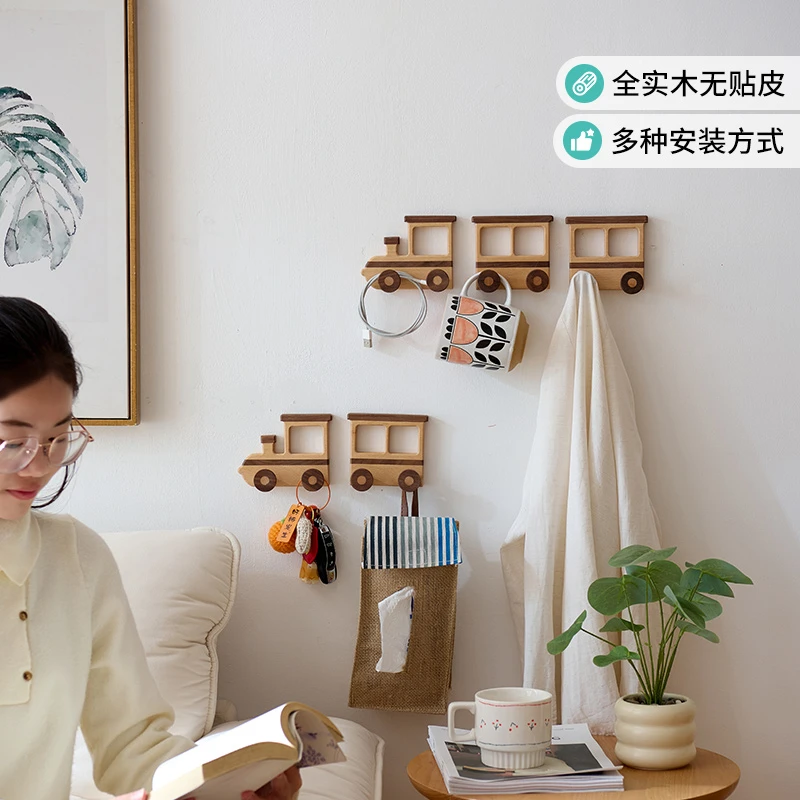 火车衣挂挂衣钩实木挂墙衣挂北欧原木卧室衣服架客厅挂钩玄关挂包