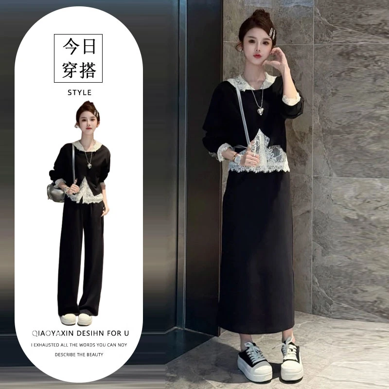 2025秋季新款韩系慵懒通勤蕾丝连帽后背开叉减龄百搭休闲套装女士