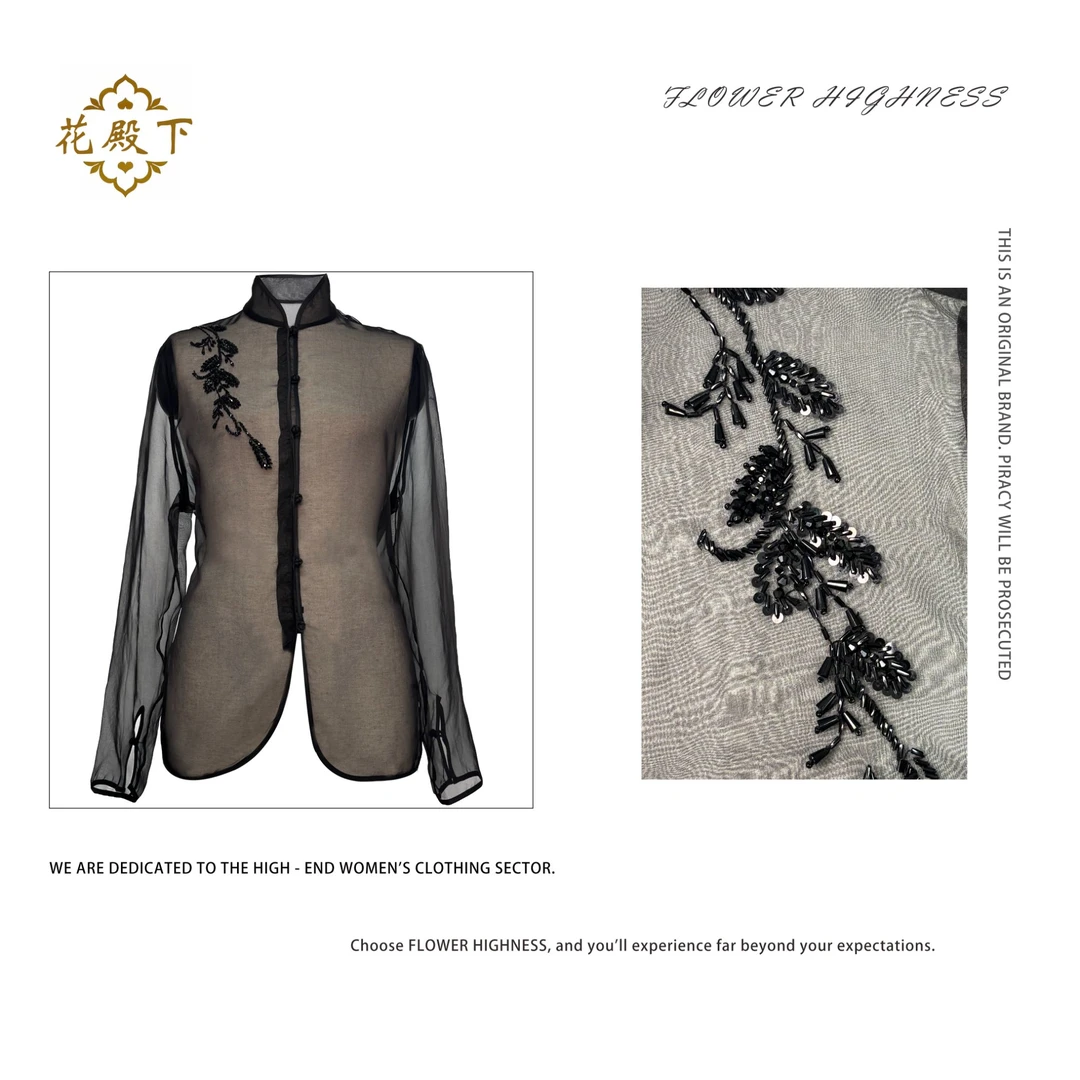 【WAN】轻奢时尚洋气前肩钉珠立领盘扣衬衣