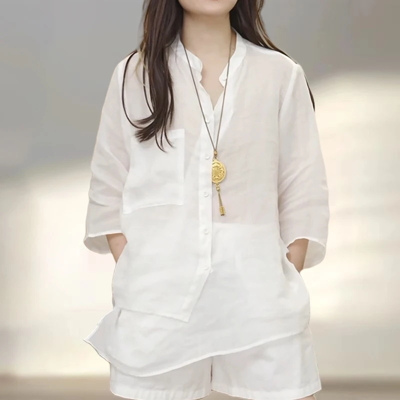 韩系慵懒风纯色立领衬衫女夏季新款轻薄显瘦遮肉不规则单排扣上衣