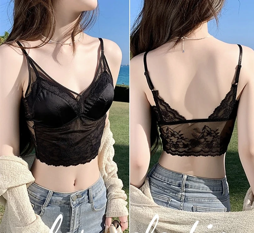 蕾丝拼缎面美背性感时尚甜美夏季美背蕾丝法式吊带法式风背心